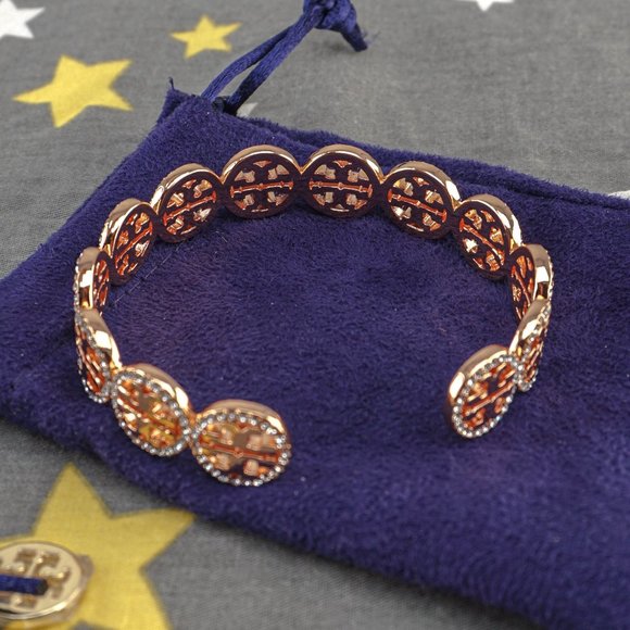 Tory Burch Miller Pave Repeating Logo Crystal Cuff Bracelet Bangle in Rose Gold - Picture 4 of 5